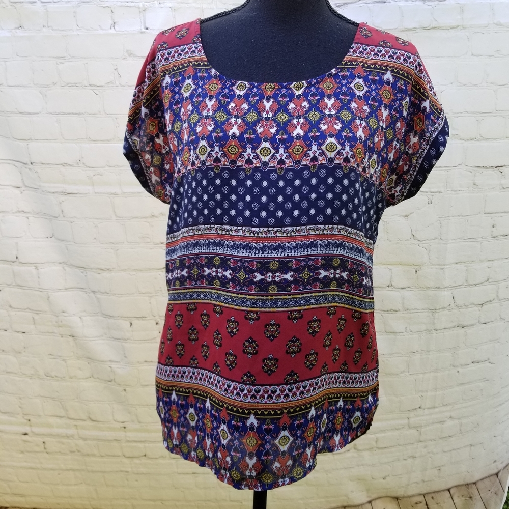 Pink Rose L red navy multi print cut out back top
